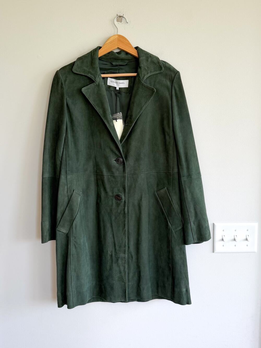 Gerard Darel Goat Suede Leather Button Front Trench Coat Green 42 NWT